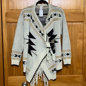 Knitted Tribal Print Fringe Sweater Cardigan